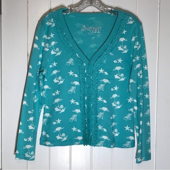 2 A Tee V Neck Ruffled Lightweight Cardigan NWOT - Picture 3 of 9